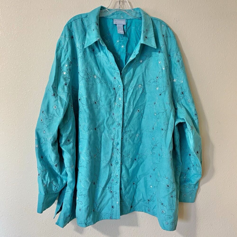 Liz & Me Women’s Turquoise Blue Floral Embroidered Button-Up Collared Shirt 4X
